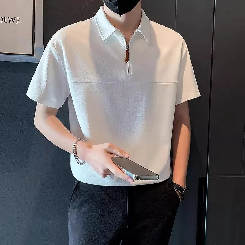 2025新款夏季男士短袖T恤纯色Polo衫轻熟痞帅高级拉链半袖潮男款