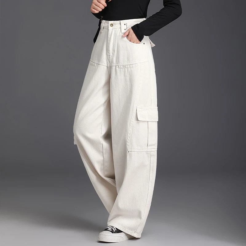 2025春秋新款大码牛仔裤女设计感休闲拖地阔腿高腰阔脚米白色长裤