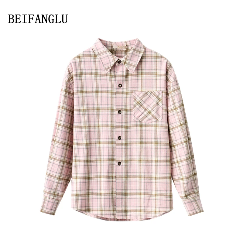 北方鹿 时尚格纹衬衫100棉早秋2025新款长袖休闲外套上衣女251117