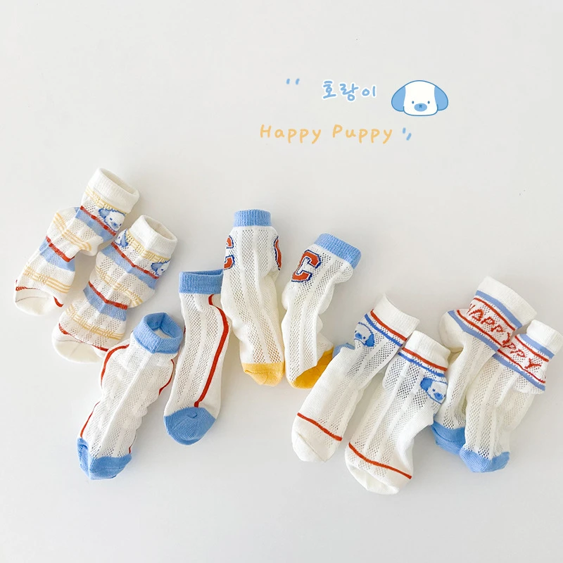 1433儿童袜子2023春夏薄款字母小狗宝宝网眼袜卡丝袜棉男童袜