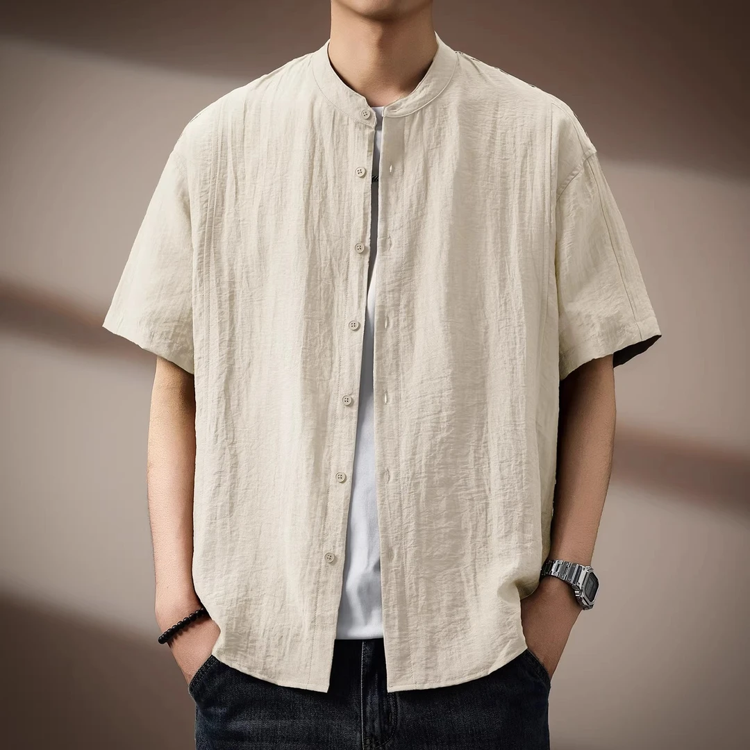 夏季轻薄日系亚麻立领短袖衬衫男士高端宽松纯色简约透气半袖衬衣