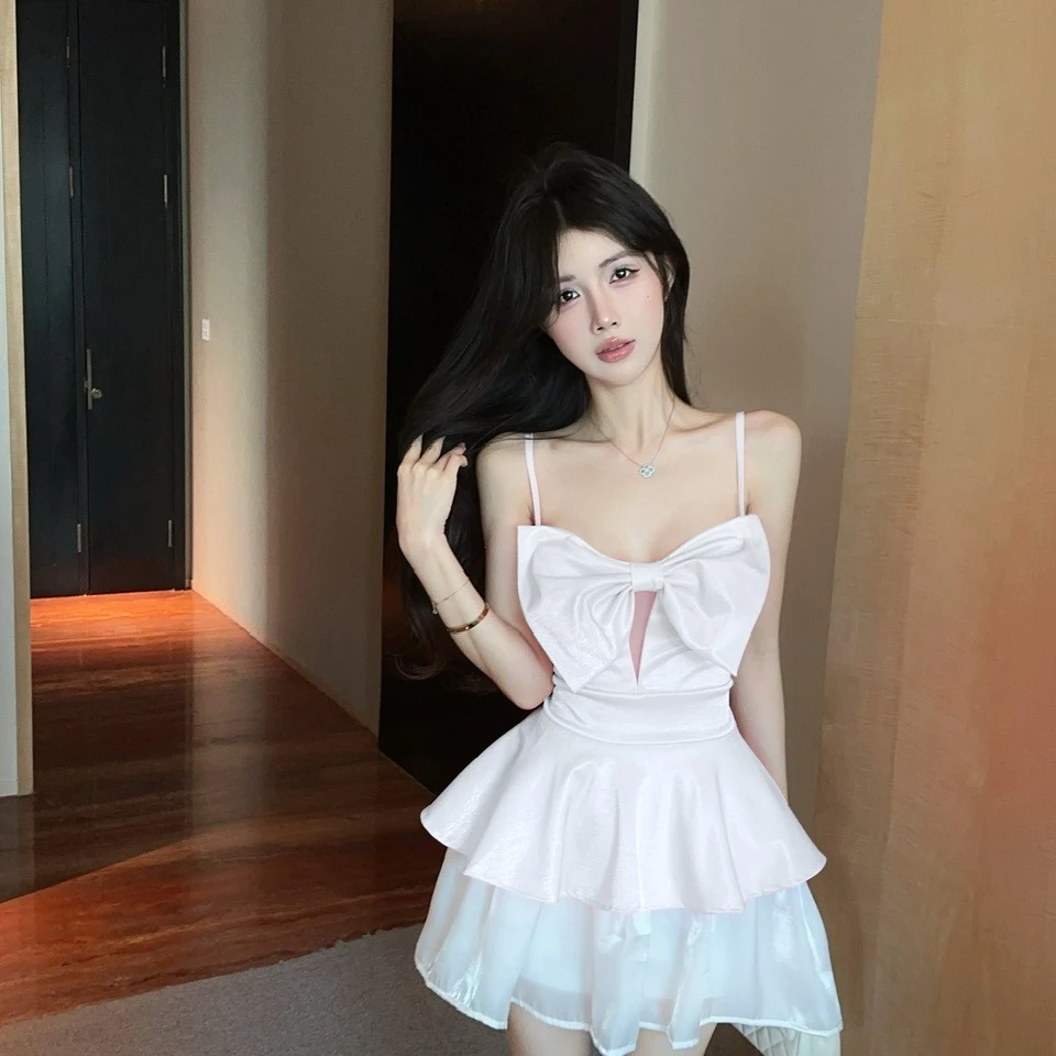 气质收腰露背蝴蝶结吊带裙女早夏新款纯欲性感收腰显瘦A字连衣裙