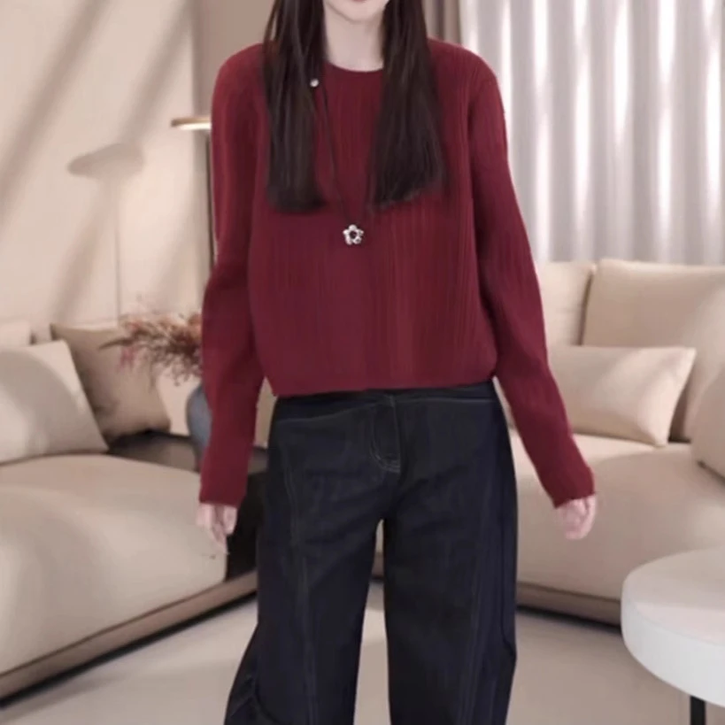 秋冬新品韩系时尚设计感后开叉百搭套头女士针织衫长袖显瘦上衣女