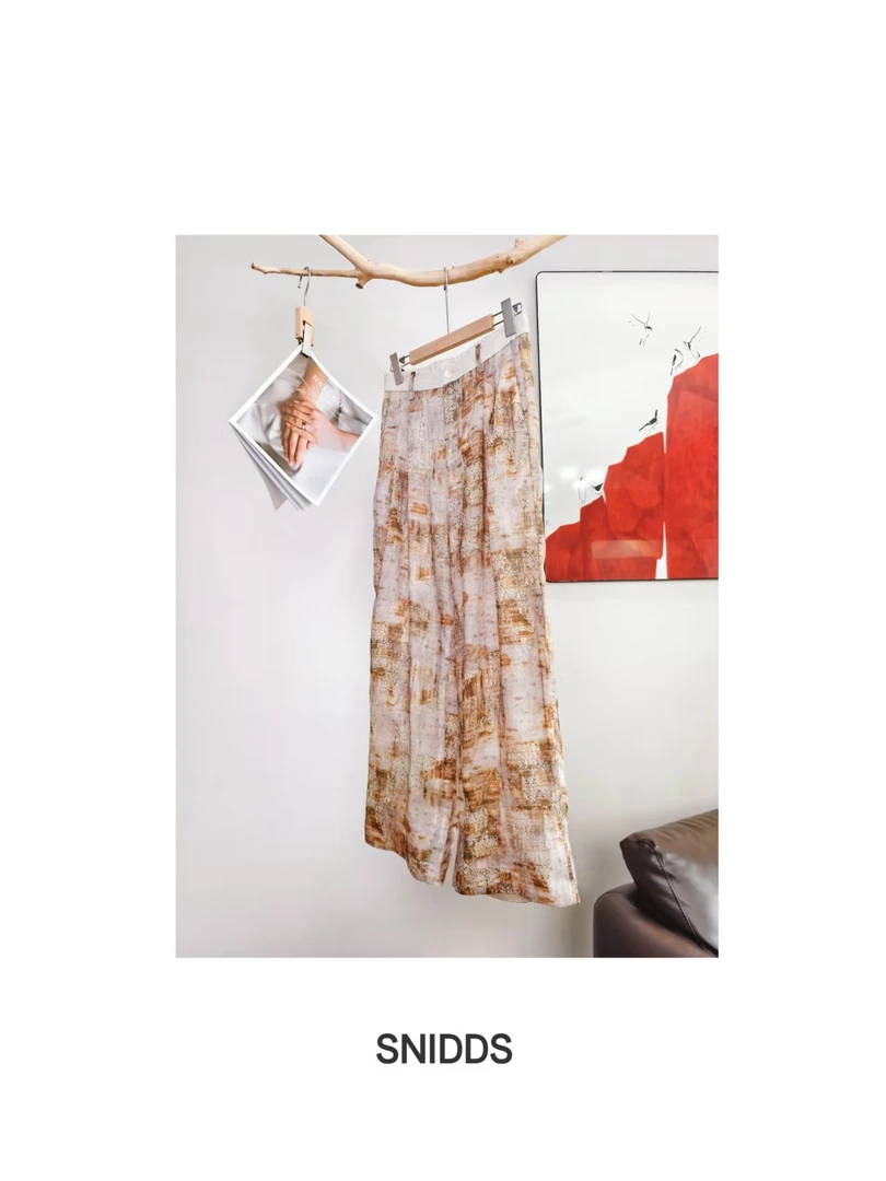 6/3 女士夏季薄款  苎麻水墨印花休闲直筒裤