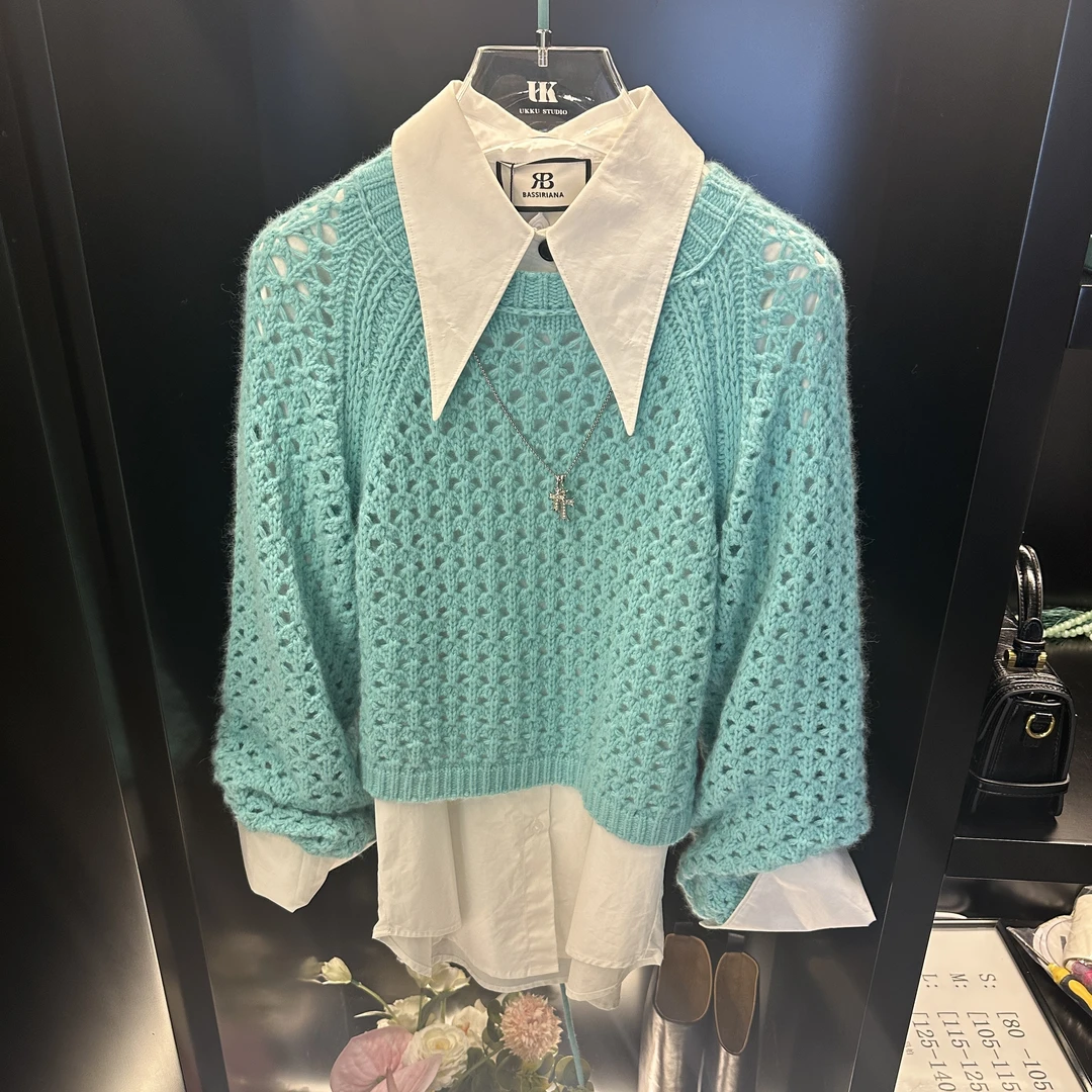 璎珞【UKKUSKUDIO】高级蒂芙尼蓝设计感百搭复古中式毛衣213182