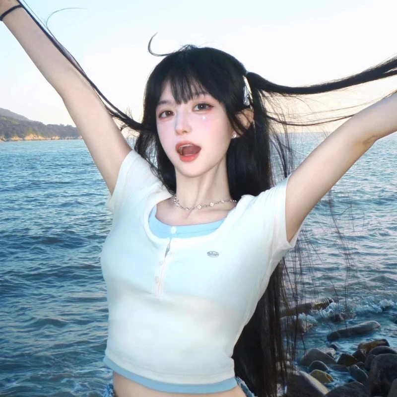 美式BM风撞色假两件半开领短袖T恤女夏季高级感小众炸街显瘦上衣