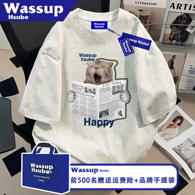 WASSUP HSUBE白灰色上衣夏季可爱犯困小猫印花T恤纯棉ins男女短袖