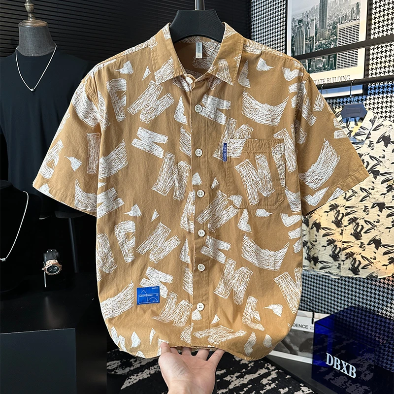 夏季男士休闲衬衫轻奢潮牌港风印花宽松百搭潮流帅气文艺翻领衬衣