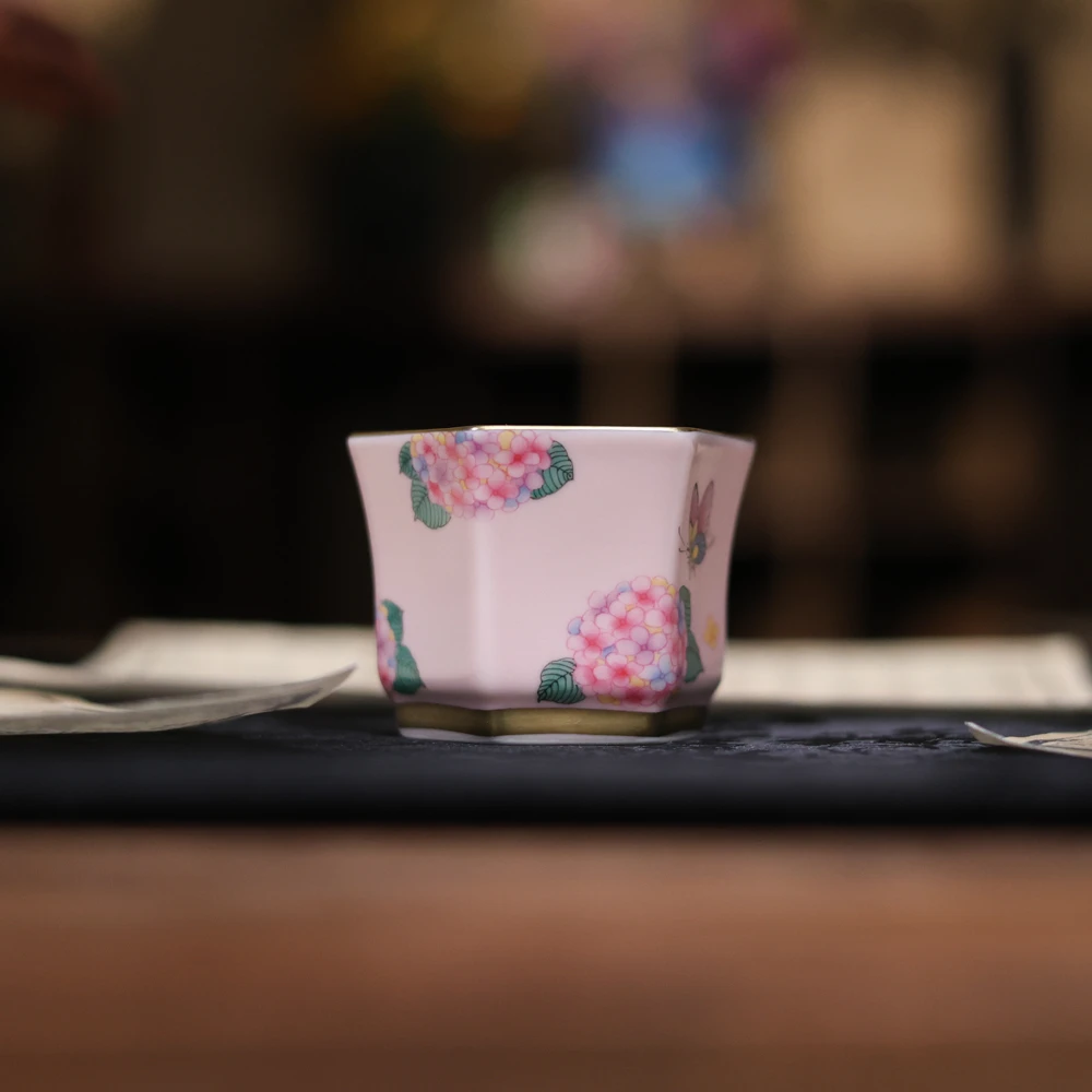 【斋居】 夕岚粉绣球六方杯-内画随机（华隐S1310）