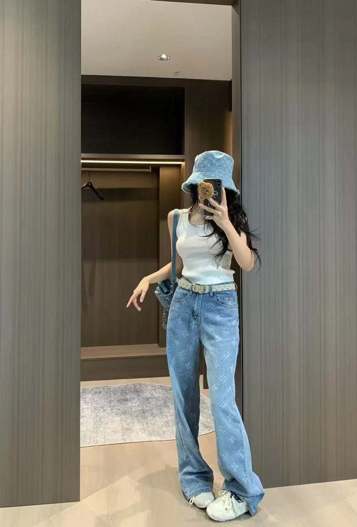 F058[杋爷潮品]薄款牛仔裤提花一体直筒牛仔裤