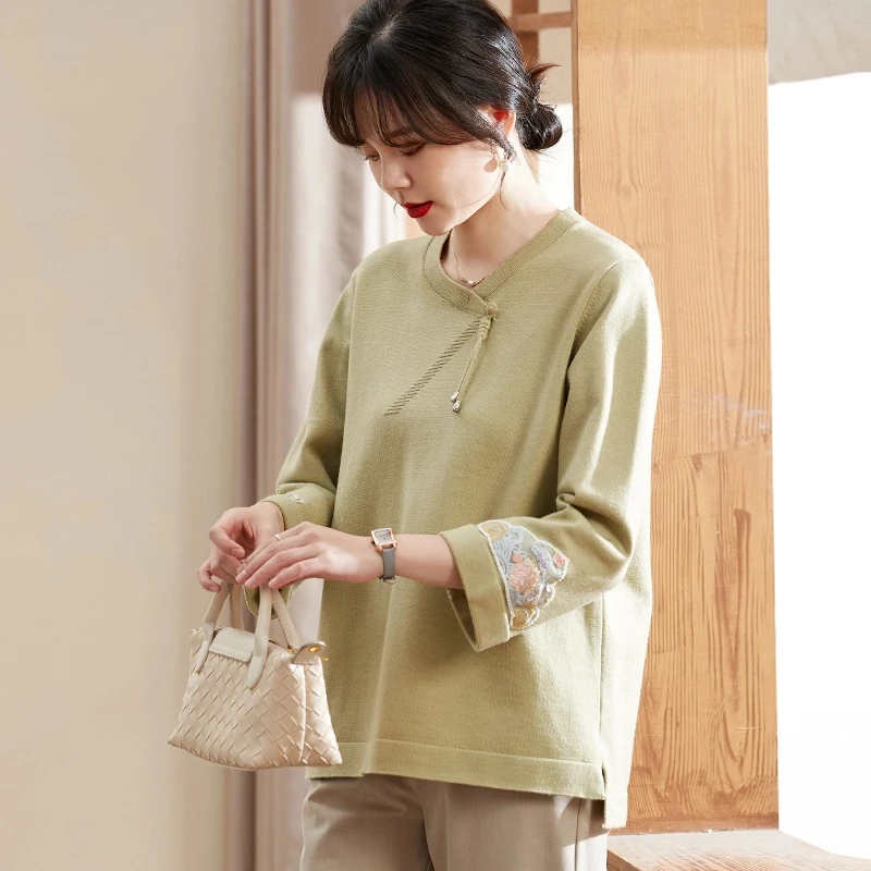 罗蒙妈妈春装新款中国风针织上衣中老年女装气质打底衫毛衣春秋款