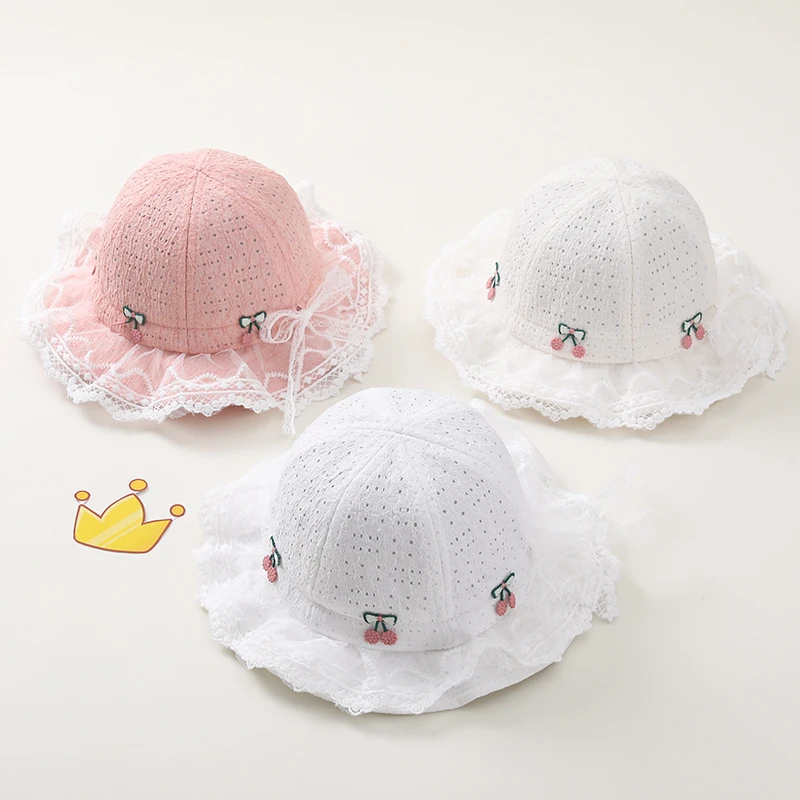 婴儿帽子春秋薄款透气蕾丝花边渔夫帽女宝宝小月龄遮阳防晒盆帽夏