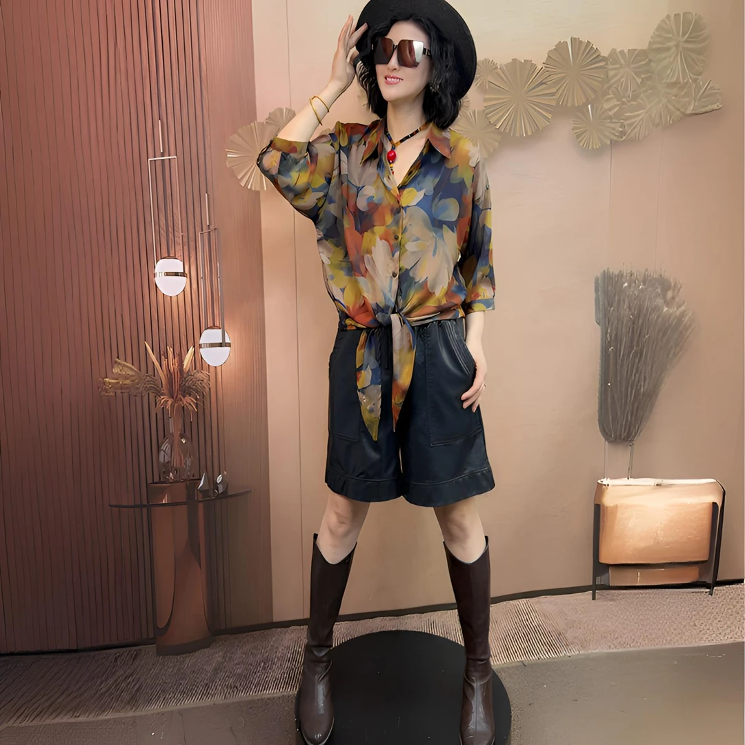 2025秋季上新【复古系带花色小衫】轻薄丝滑时尚百搭设计感短款衬衫