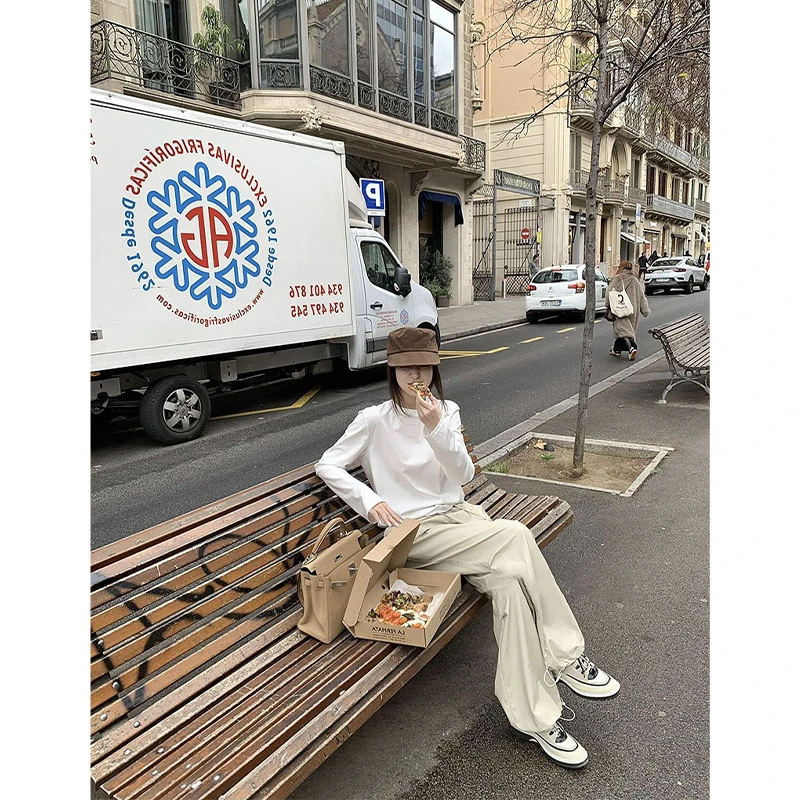 简约时尚通勤风百搭圆领长袖打底上衣高腰显瘦宽松伞兵工装长裤女