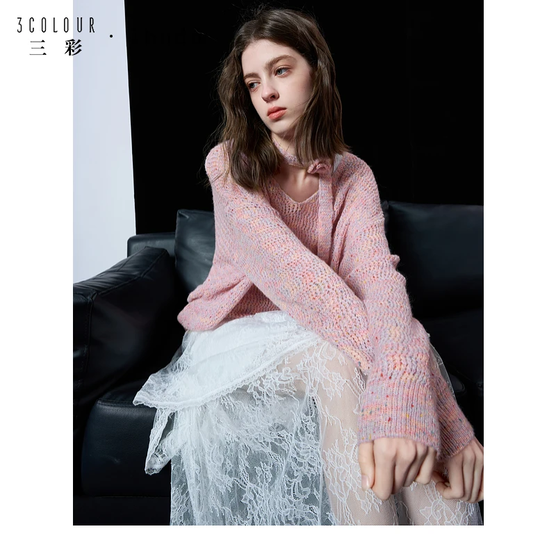 三彩女装ibudu2025秋季新款彩纱针织衫勾花飘带毛衣V领氛围感女
