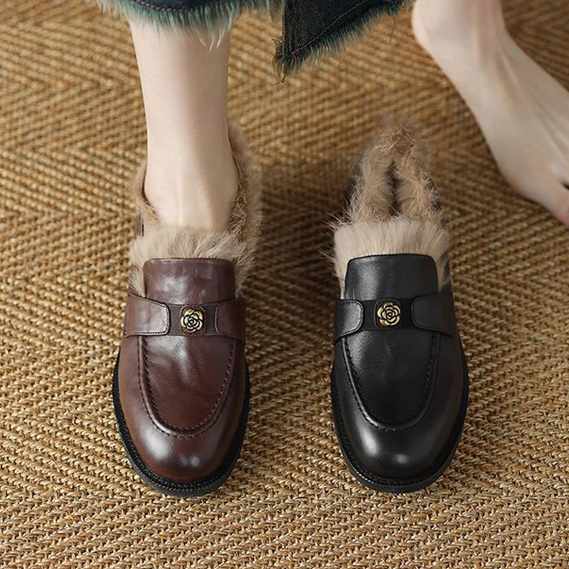 头层牛皮兔毛金属扣加绒保暖深口乐福鞋女百搭低跟粗跟复古单鞋子