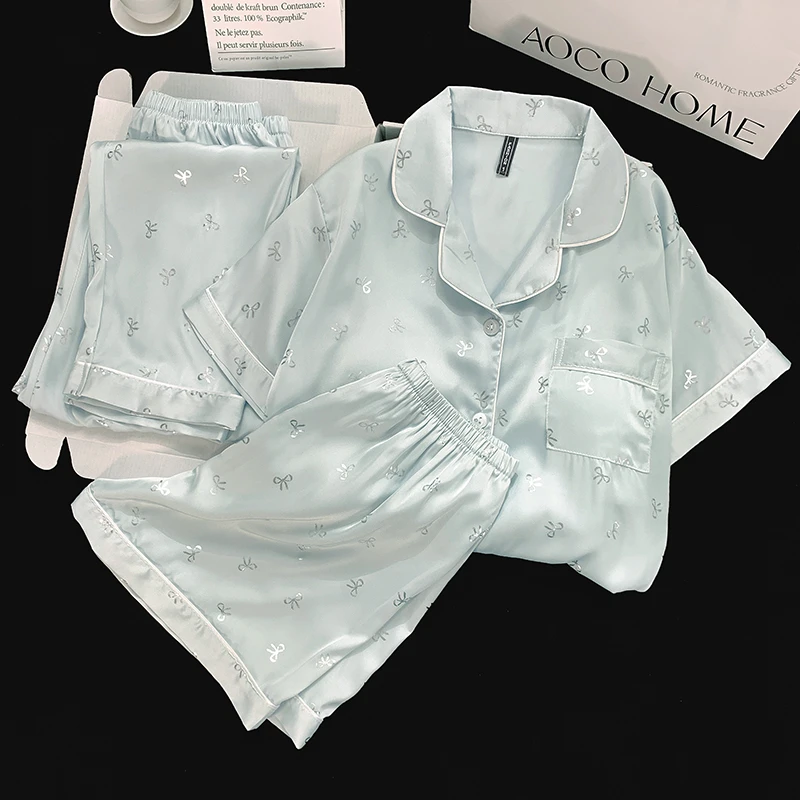 带胸垫2025新款三件套睡衣女夏季短袖冰丝可外穿女士家居服套装