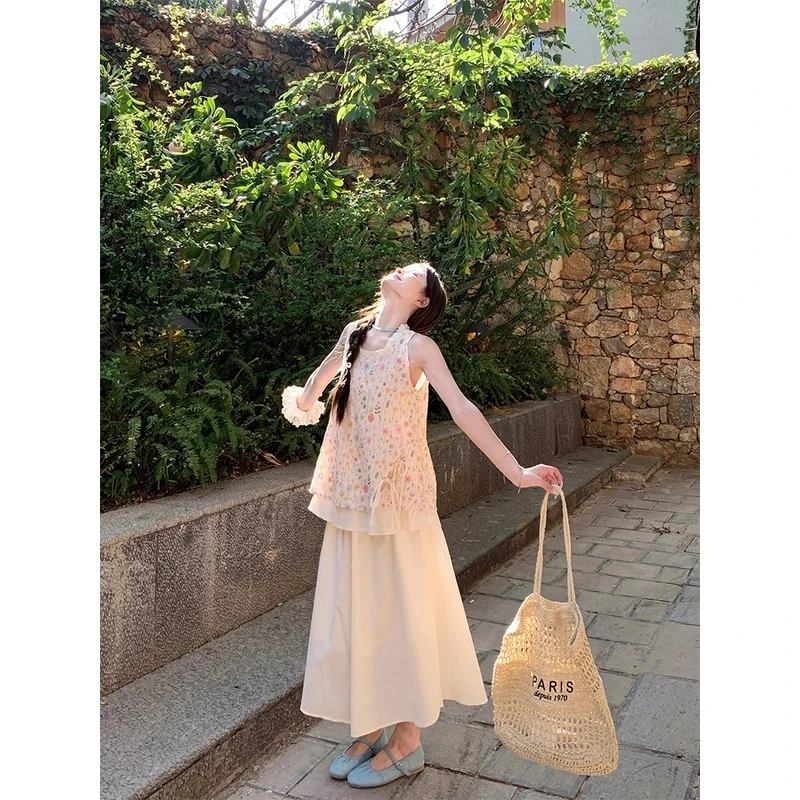 夏日小清新~韩chic简约色彩斑斓花朵时尚套装上衣+裙子 10258