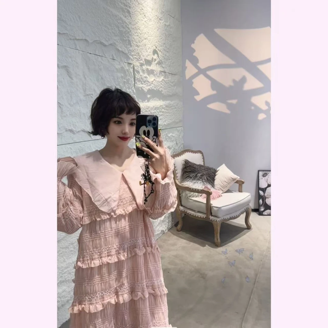 法式温柔风白色娃娃领长袖连衣裙女超仙森系初恋蛋糕裙子25108