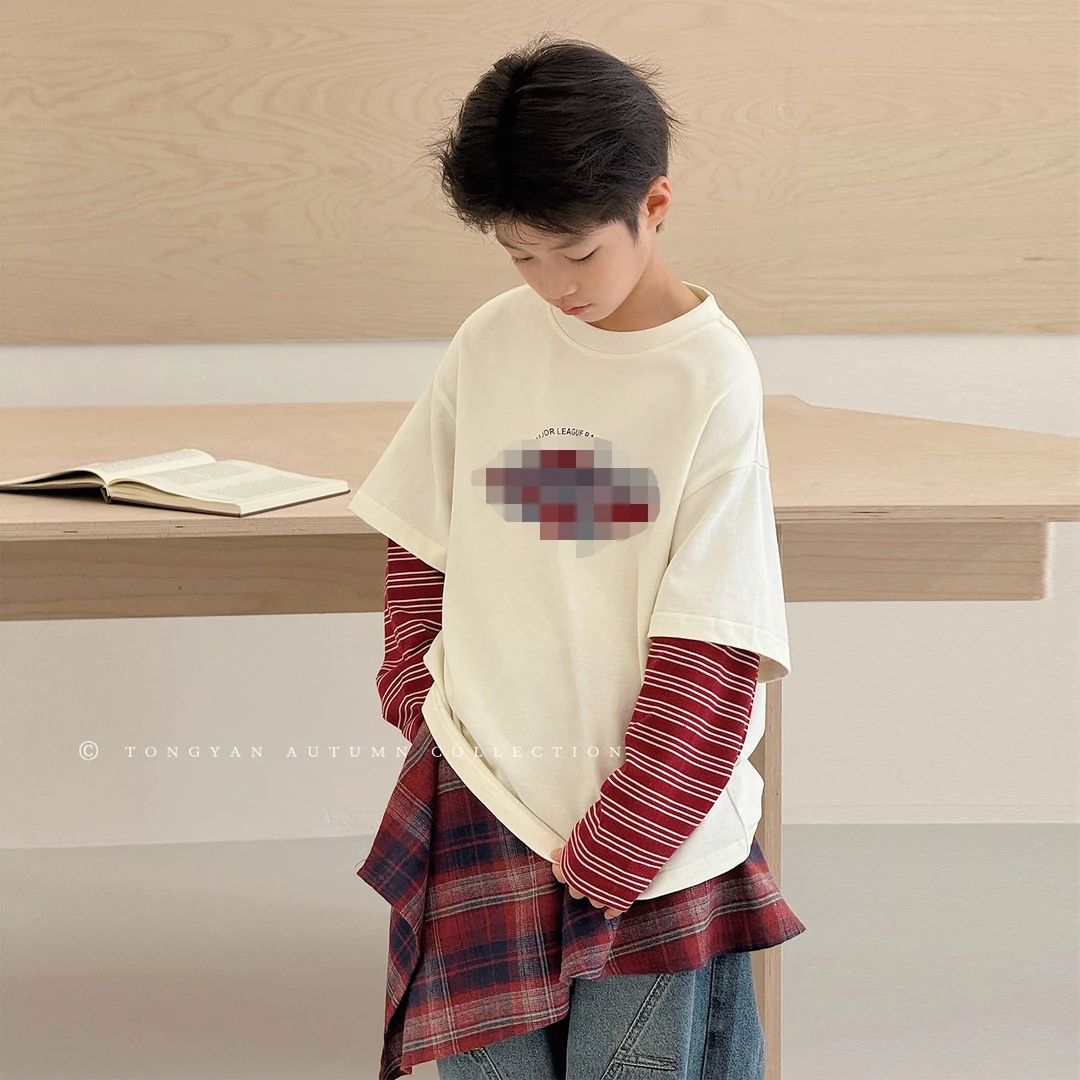 爆款男童长袖T恤2025秋装新款假两件打底衫儿童帅气上衣酷TY70980