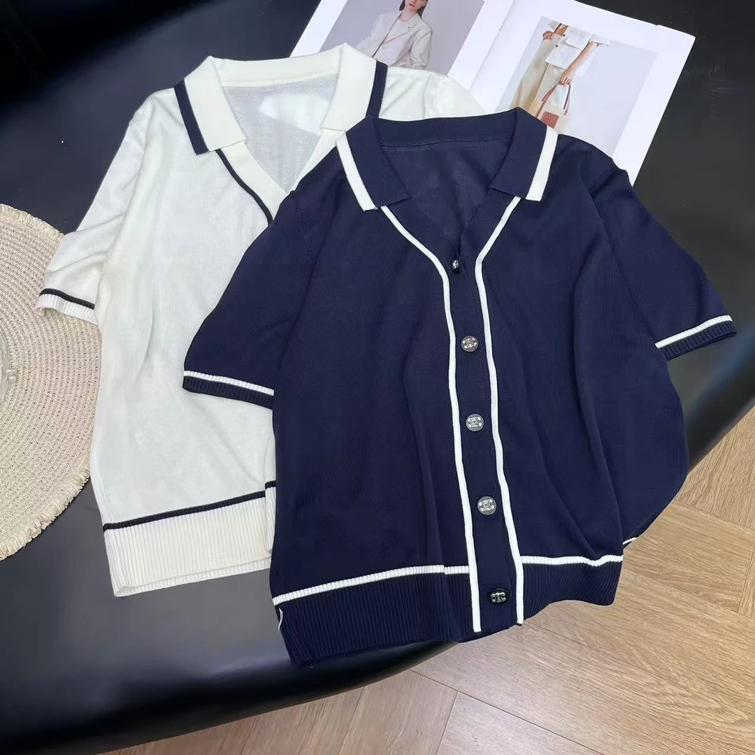 韩系简约时尚气质百搭翻领单排扣针织短袖H7735