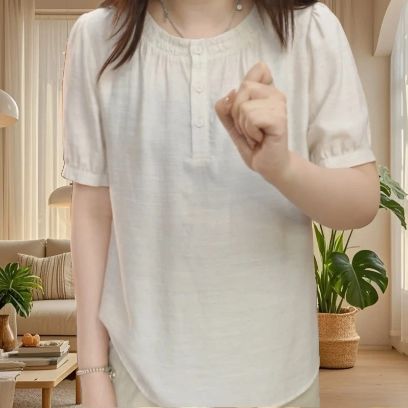 纯色圆领短袖衬衫女2025夏季新款薄款洋气小衫宽松型显瘦休闲上衣