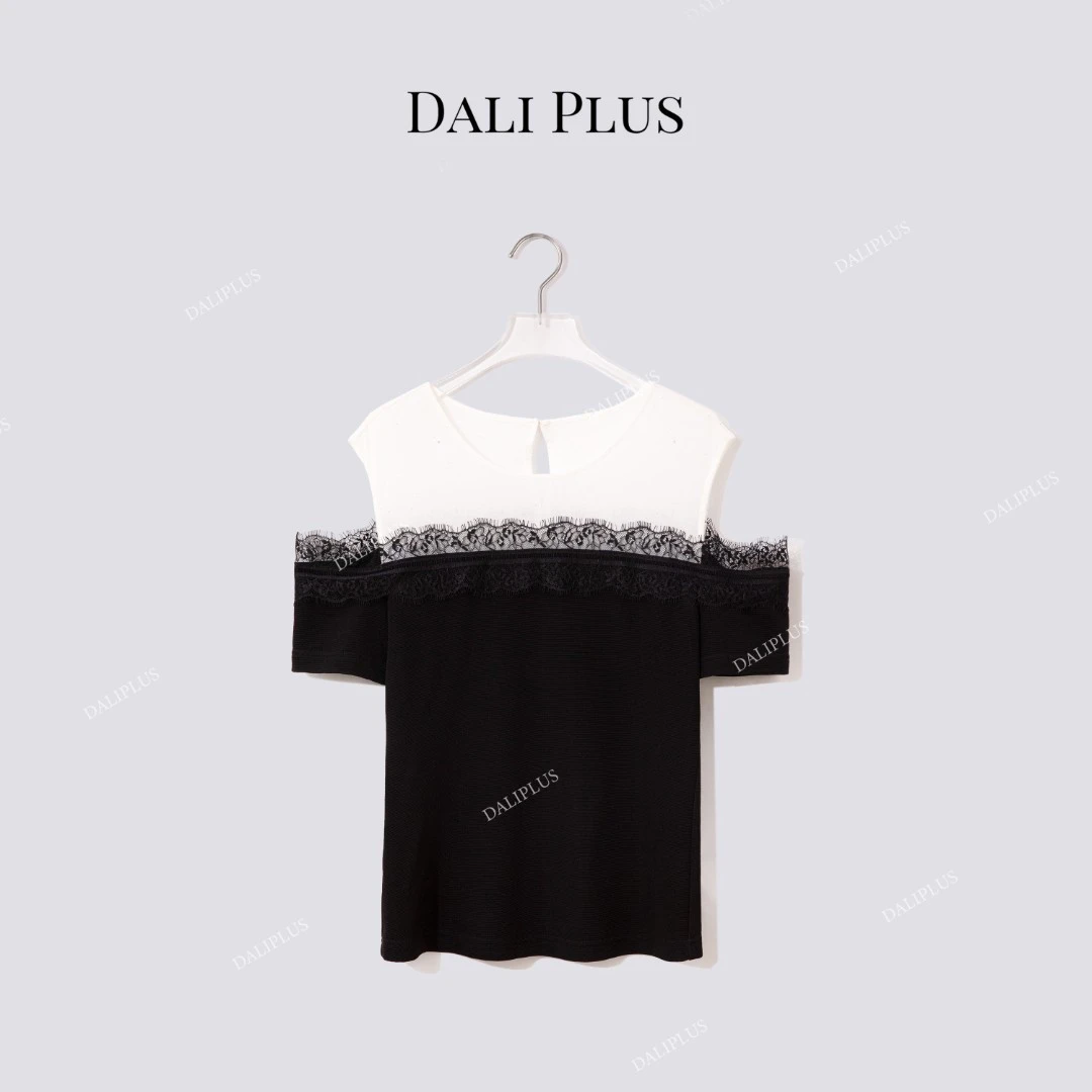 DALI PLUS“重磅凉感醋酸T恤”假两件露肩蕾丝收腰上衣-D5ST1279