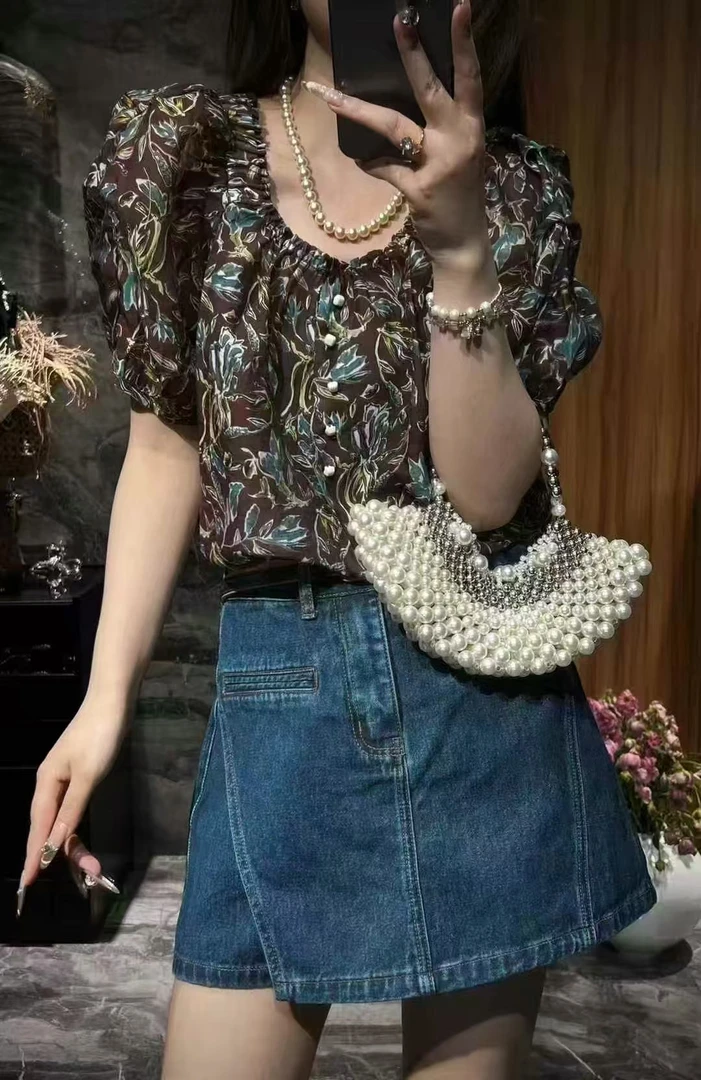 M胸116长60时尚法式甜美宽松设计感一字肩碎花衬衫 1484