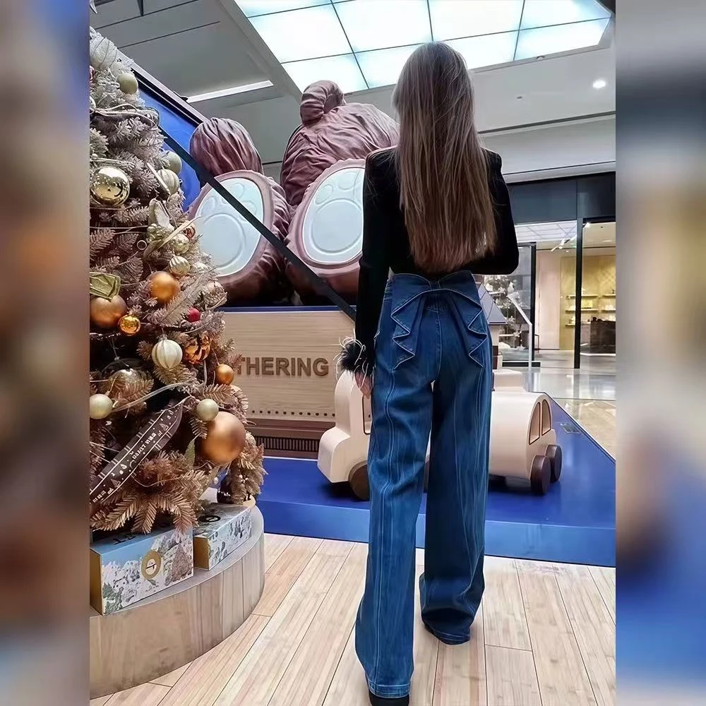 美式复古蝴蝶结牛仔裤女2025春秋新款韩版高腰宽松显瘦垂感直筒裤