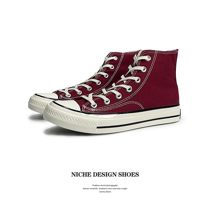 日系酒红色高帮帆布鞋男女鞋情侣休闲百搭潮鞋运动滑板鞋