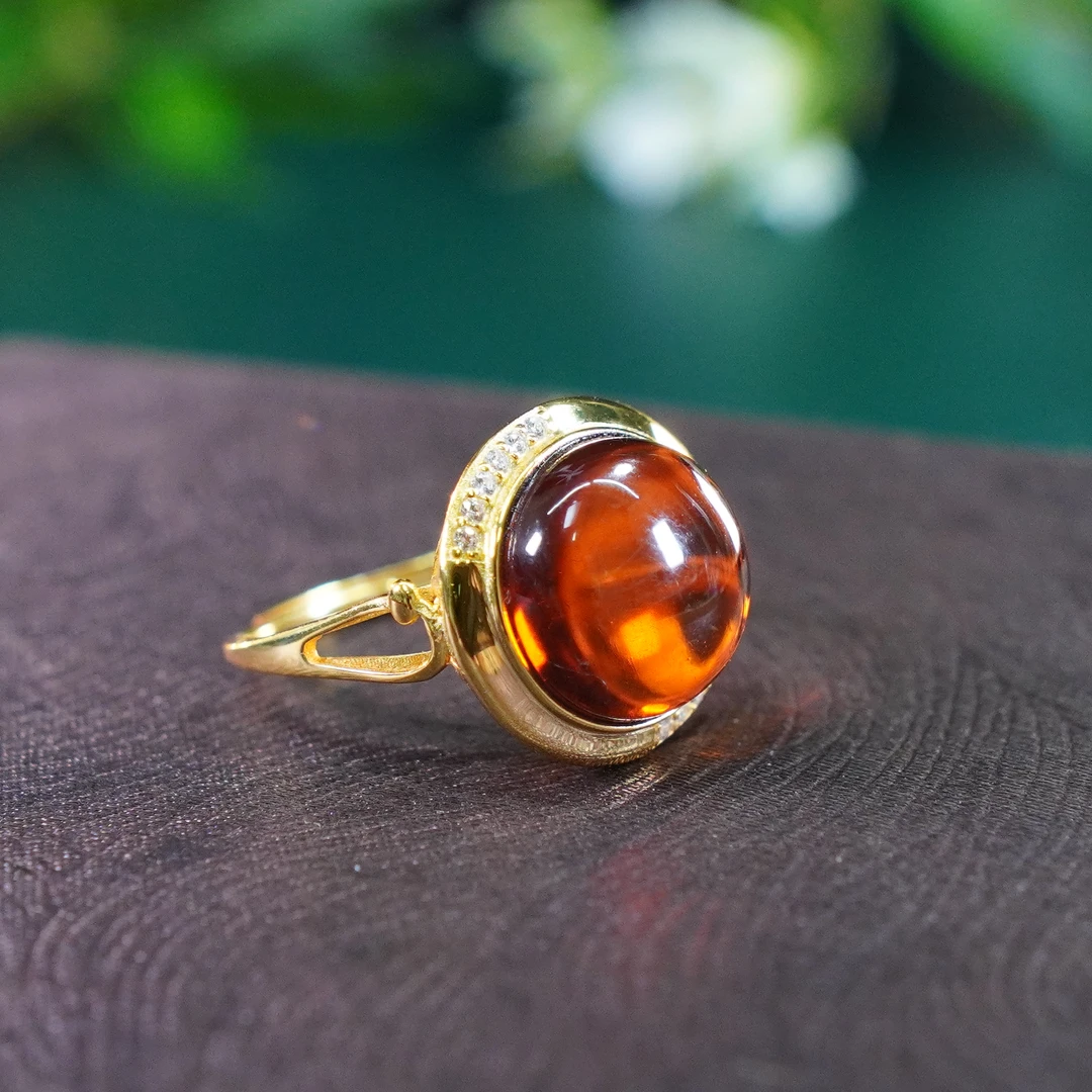 宝仓优选—S925银缅甸天然血珀戒指时尚复古镶嵌