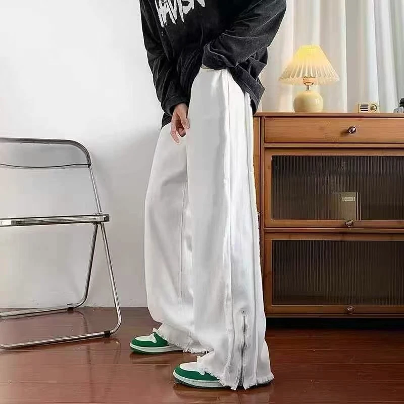 男女同款 白色开叉牛仔裤松版阔腿裤拖地裤高街vibe潮牌街头痞帅