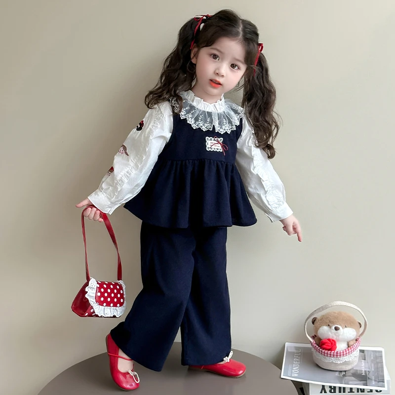 女童套装春秋2025新款儿童刺绣衬衫超好看秋装宝宝牛仔马甲三件套