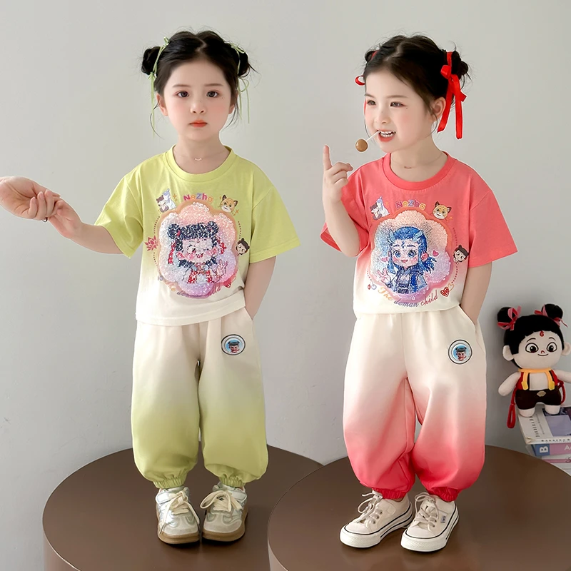 女童哪吒敖丙套装渐变色儿童短袖速干裤子两件套宝宝夏装2025新款