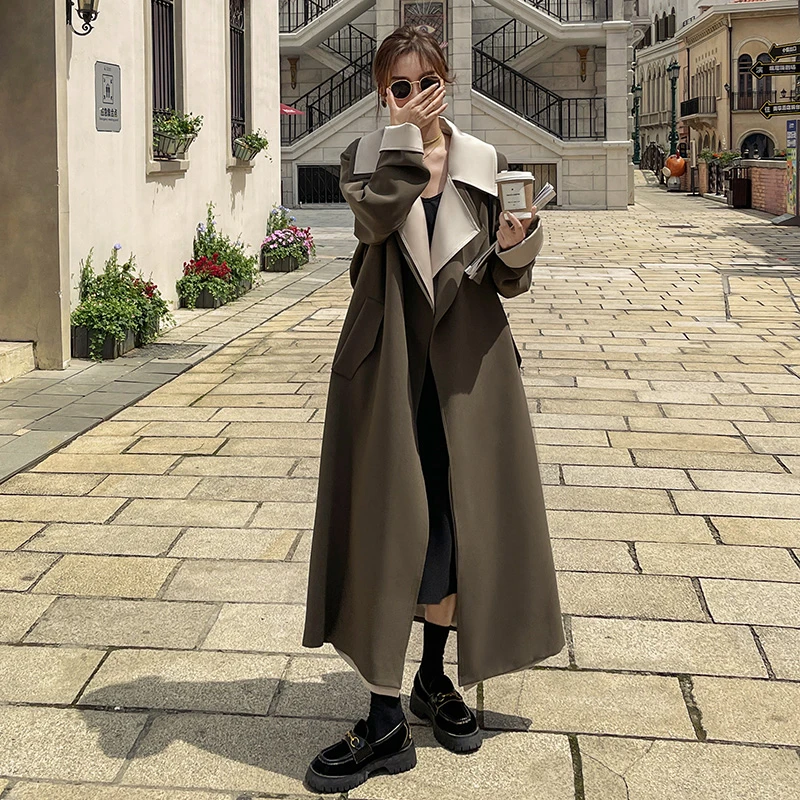 高级感撞色拼接风衣外套女2025年春秋新款气质收腰英伦风长款大衣