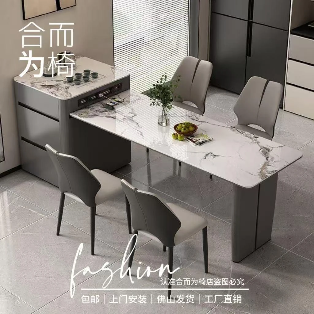 意式轻奢多功能岛台餐桌一体现代伸缩简约餐桌椅组合家用高端导台