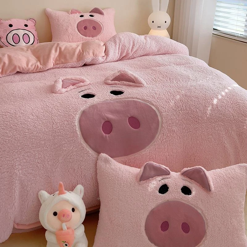 猪猪羊羔牛奶绒四件套珊瑚绒冬季加厚保暖被套双面绒床单人三件套