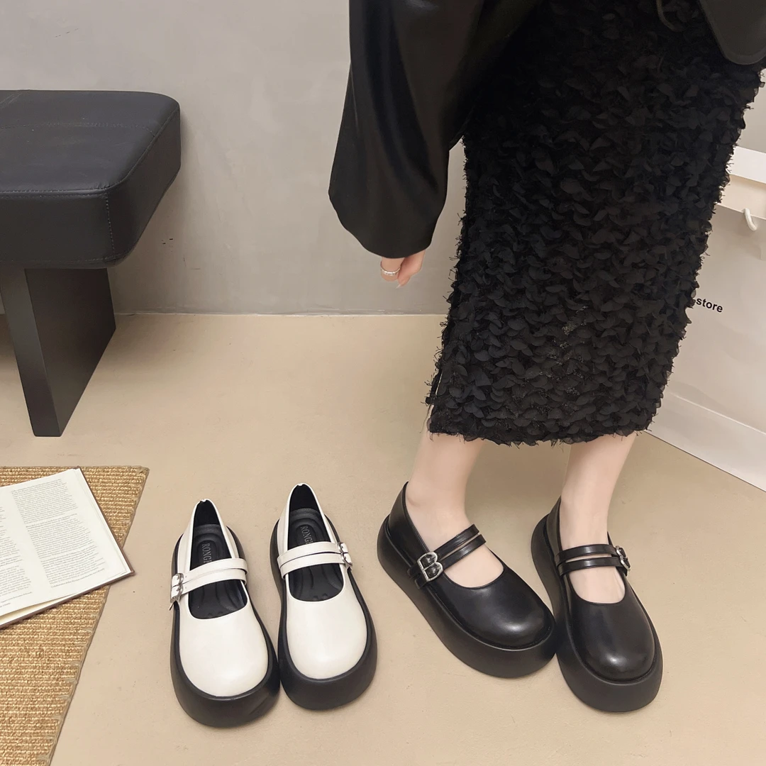 日系小皮鞋女厚底增高单鞋乐福鞋配裙子显脚小一字带复古玛丽珍鞋
