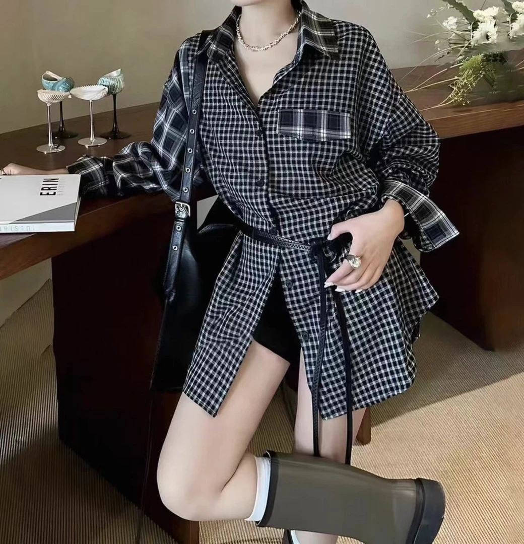 [麦霓严选]【英伦假日】复古撞色格纹港风长袖格子衬衫女秋款9762