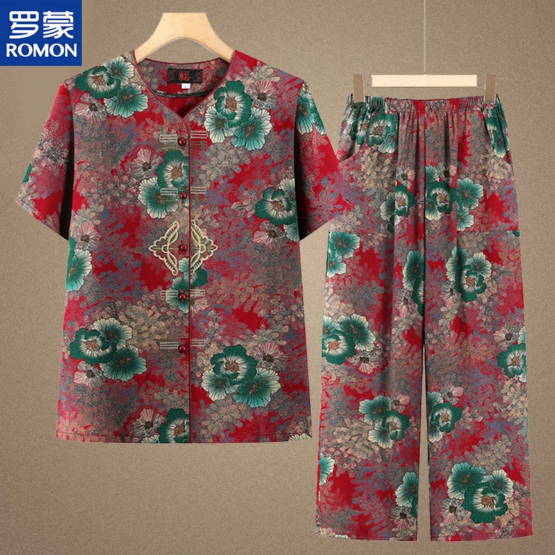 罗蒙中老年女装妈妈夏套装雪纺衬衫奶奶装夏季衬衣老太太两件套