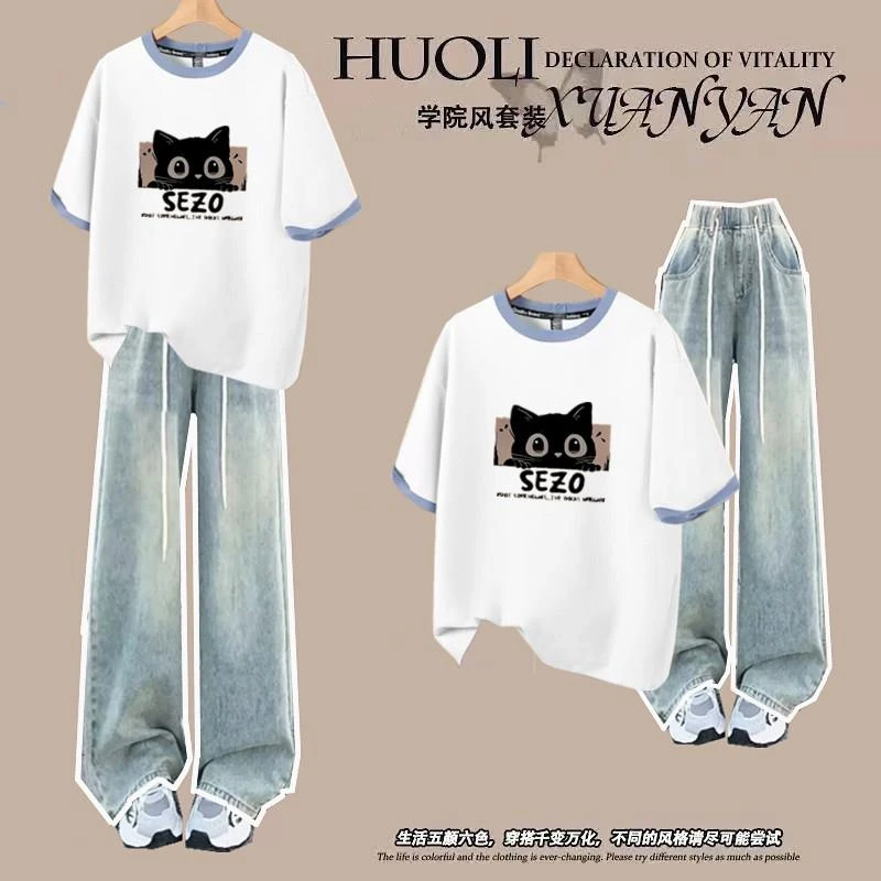 2025初夏初中生短袖T恤少女大童套装夏季女装高中学生穿搭两件套