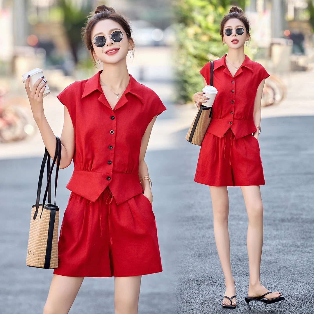休闲时尚棉麻衬衫套装女2025年夏季新款小个子时尚减龄短裤两件套