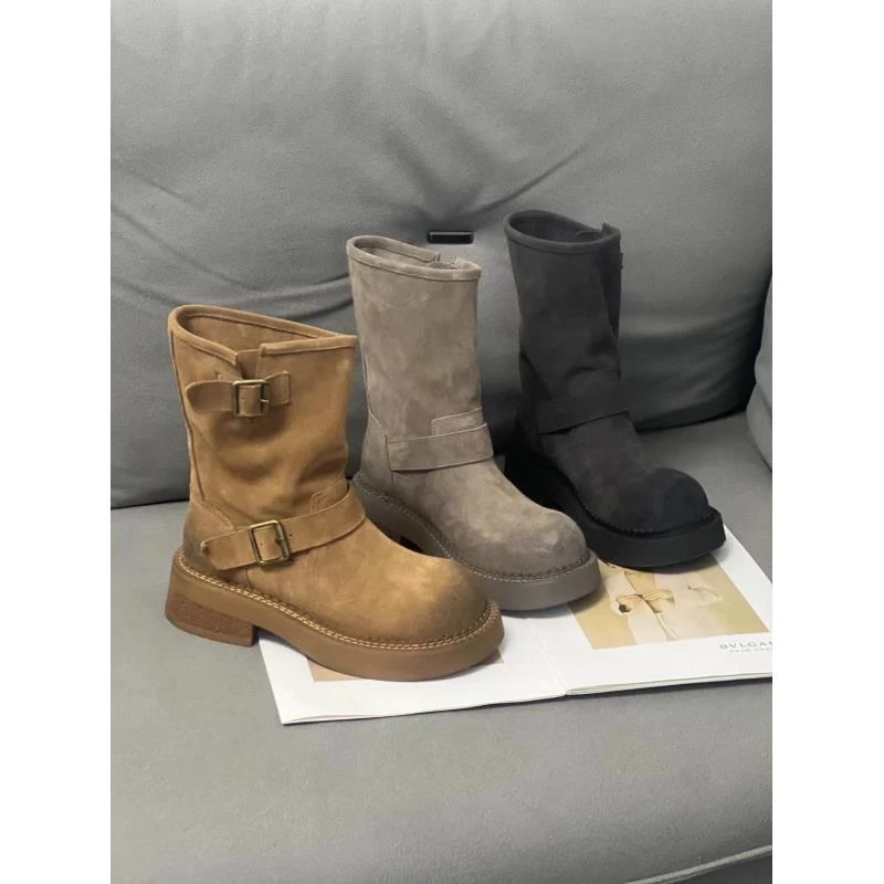 【敏敏家】7609-3厚底短靴女2024新款复古堆堆靴金属扣马丁靴