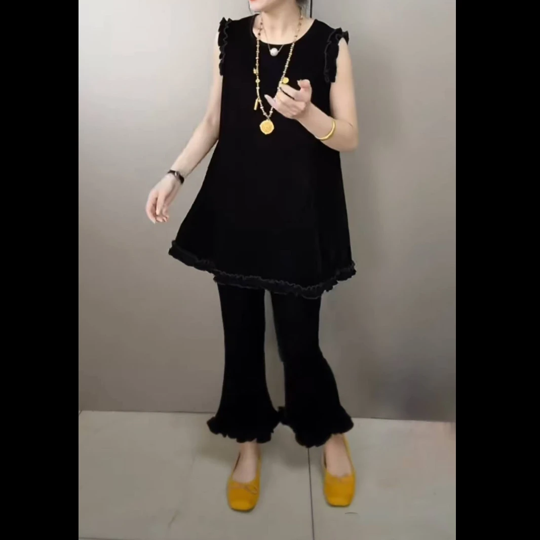 251.夏季大码丝绒木耳边衫长约76，裤长约83