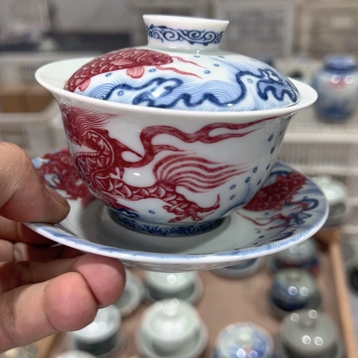 瓷片白青花釉里红鱼化龙元宝盖碗全品