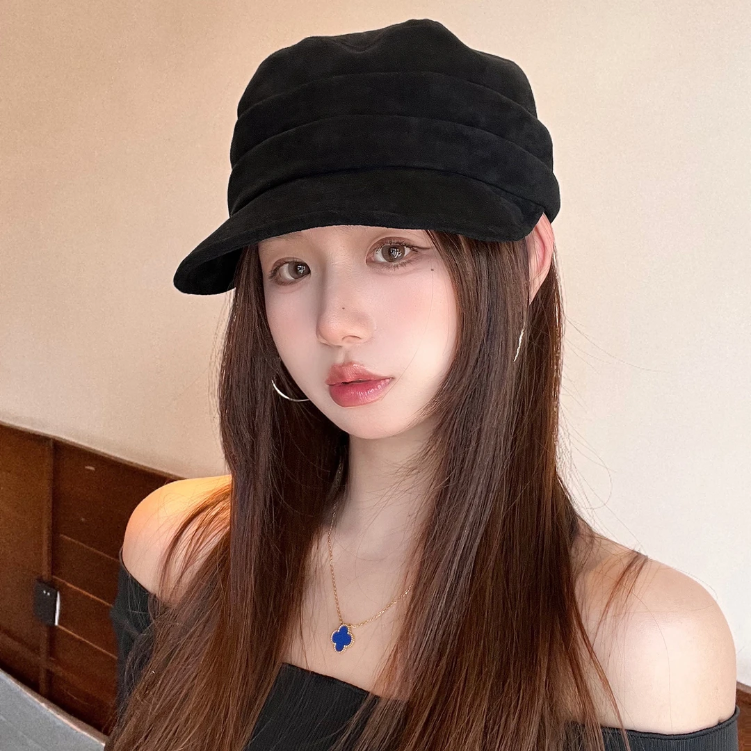 时尚纯色马术帽麂皮绒平顶鸭舌帽女休闲百搭日系春秋八角帽显脸小