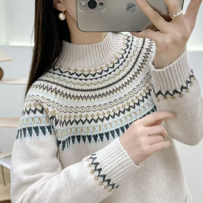 半高领套头毛衣女士秋冬新款时尚洋气宽松提花内搭针织打底衫加厚