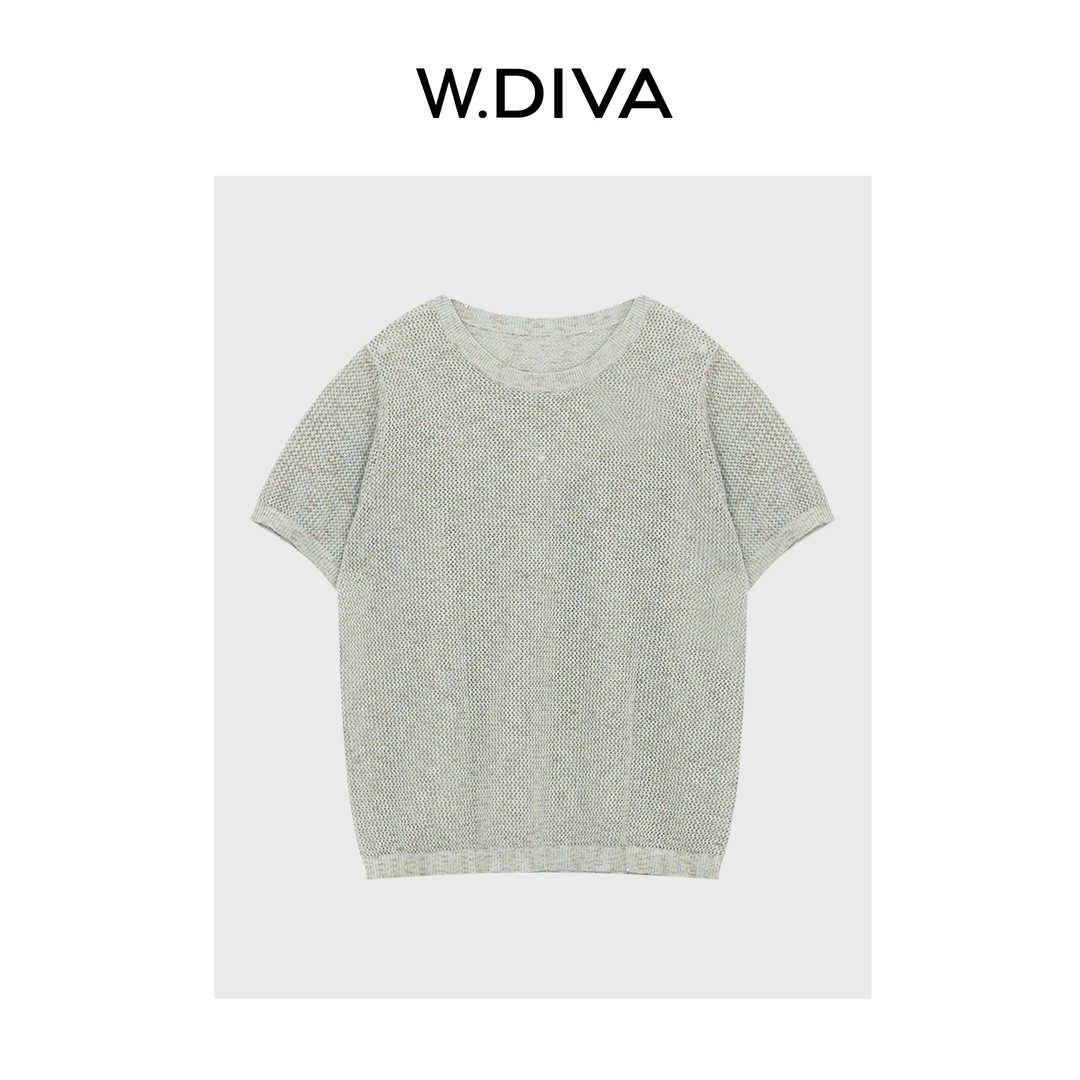 W.Diva【慕夏】夏季花型麻感透气镂空短袖休闲圆领针织衫52Z172136
