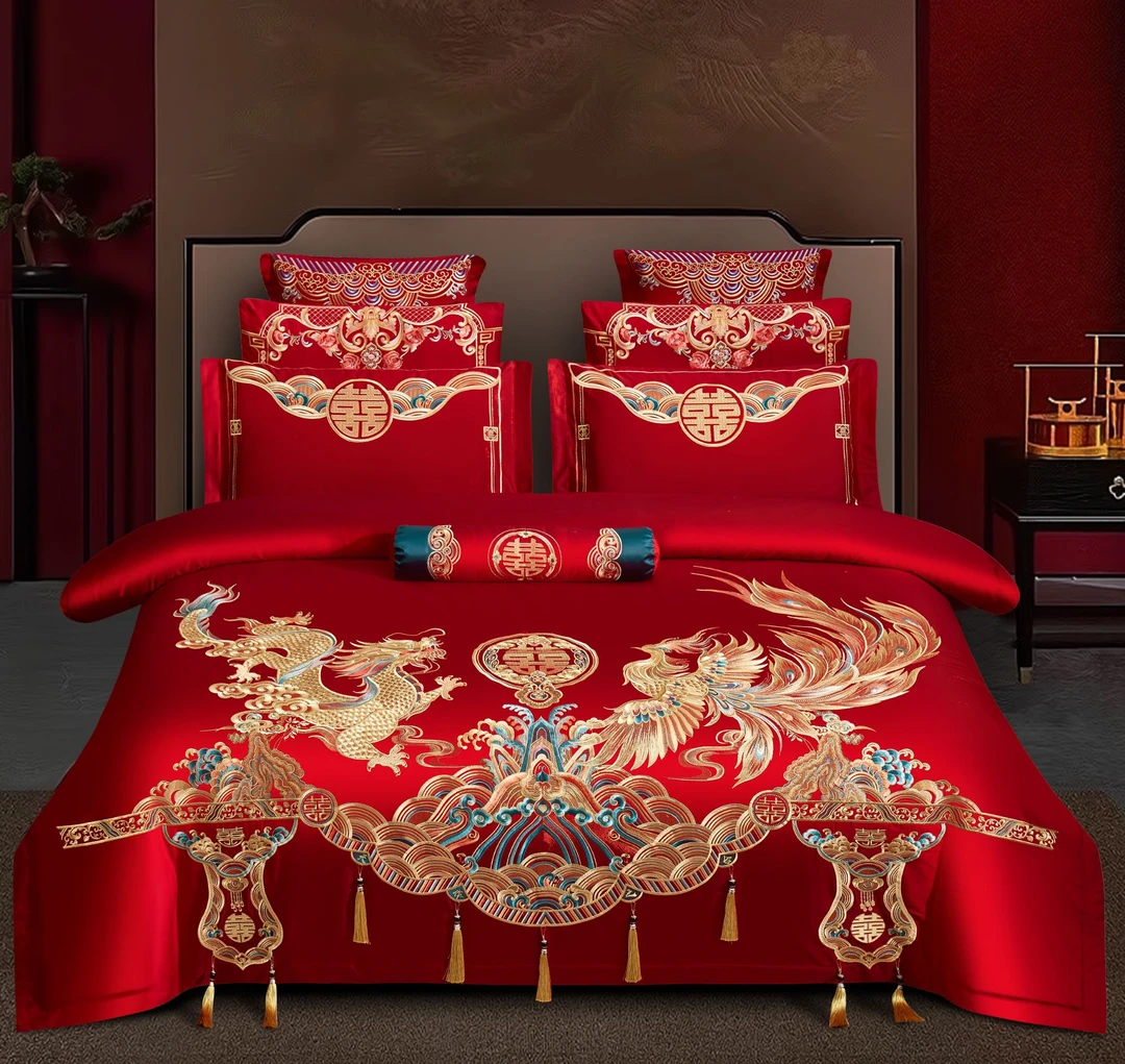 【九五至尊】婚庆四件套大红色床品套件被套绣花床上用品婚房中式