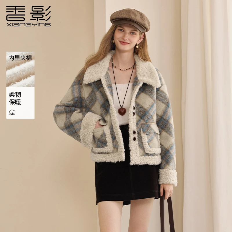 F95W988短外套 香影复古格子毛呢外套女短款冬季新款加绒翻领外套